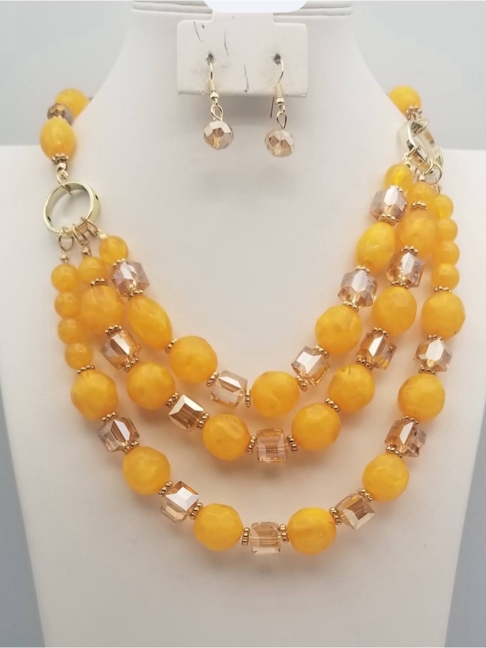 Yellow Multi-Strand Beaded Necklace and Earring Set